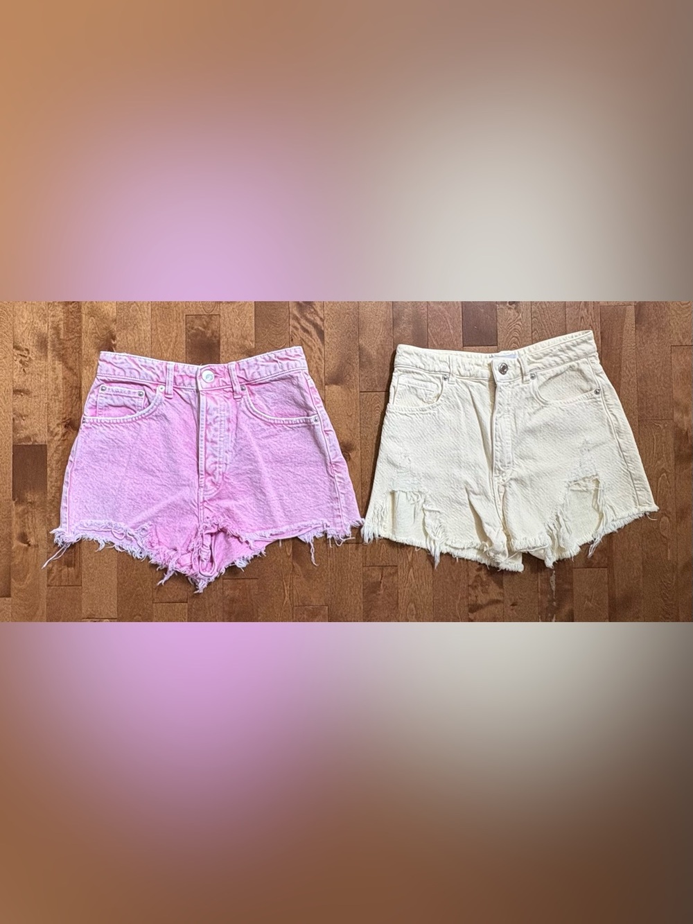 Zara Denim Shorts Bundle – Pink & Cream Distressed High-Waist Shorts Size US 4
